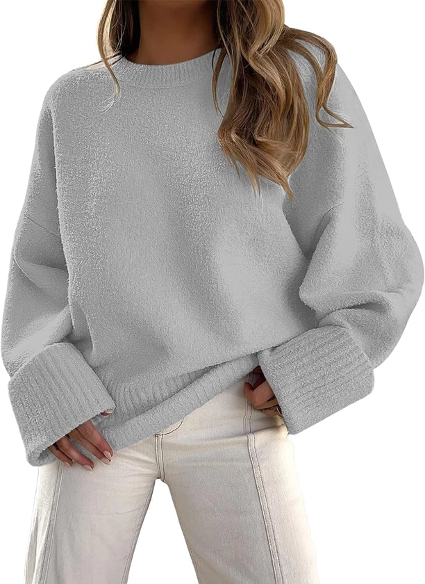 EFAN Women's Oversized Sweaters Fall Fashion Trendy Outfits Crewneck Fuzzy Knit Warm Knitted Pullover Clothing Light Grey at Amazon Women’s Clothing store