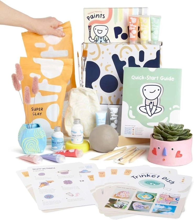 Pott'd at Home Pottery Kit for Adults. Air Dry Clay Kit for Beginners. Craft Kit for Adults Includes: Air-Dry Clay for Adults, Tools, Paints, Brushes, Sealant, How-to-Guides