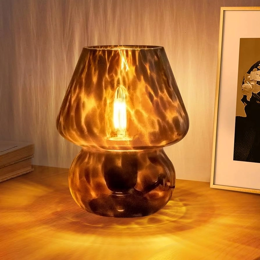 ONEWISH Mushroom Lamp, Bedside Table Lamp, Vintage Small Glass Lamp for Bedroom Living Room, Murano Aesthetic Lamp Birthday Gift, Black