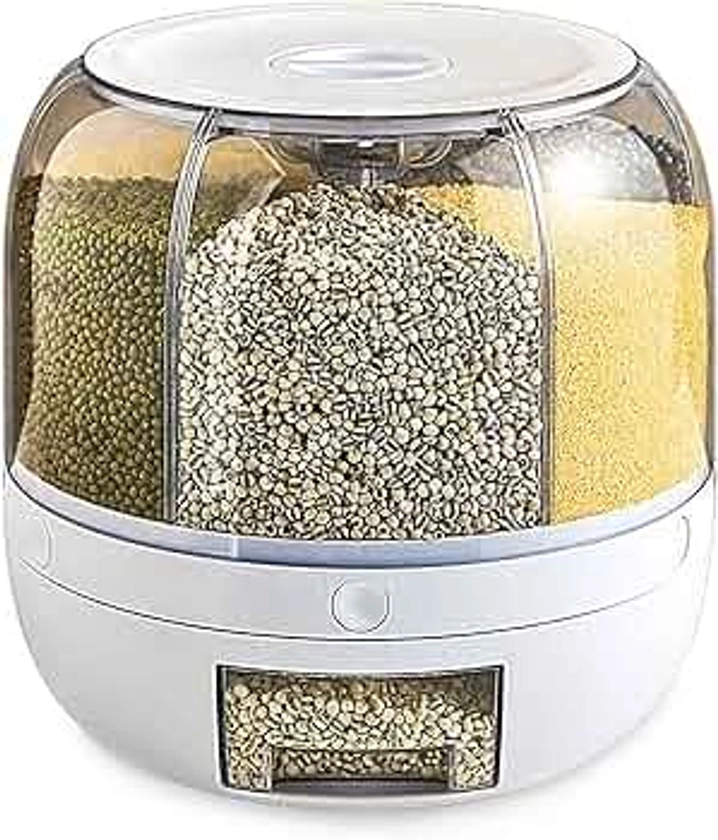 PIOJNYEN Grain Storage Container Dispenser, 22Lbs rice dispenser rotating, 360° rotating food dispenser One-Click Output rice Storage Round Grain Dispenser Kitchen for Small Grains, Beans, Rice