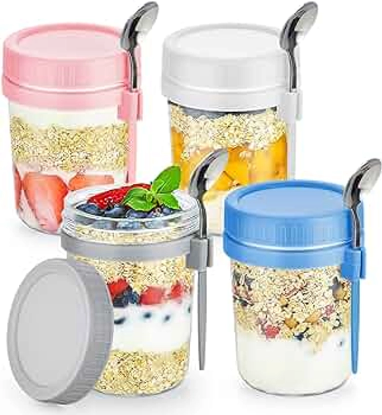 DRKIO 4 Pack Overnight Oats Containers with Lids and Spoons 16 Oz Glass Mason Jars for Overnight Oats Leak Proof Oatmeal Container Great for Cereal Fruit Vegetable Milk Salad Yogurt Meal Prep