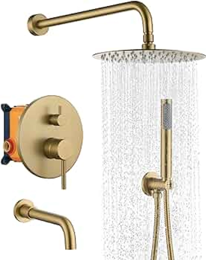 MONDAWE Round Shower Faucet Set with Tub Spout, Wall Mounted Shower System 10 Inch Rainfall Shower Head with Handheld Combo, Brushed Gold High Pressure Shower Faucets Sets Complete