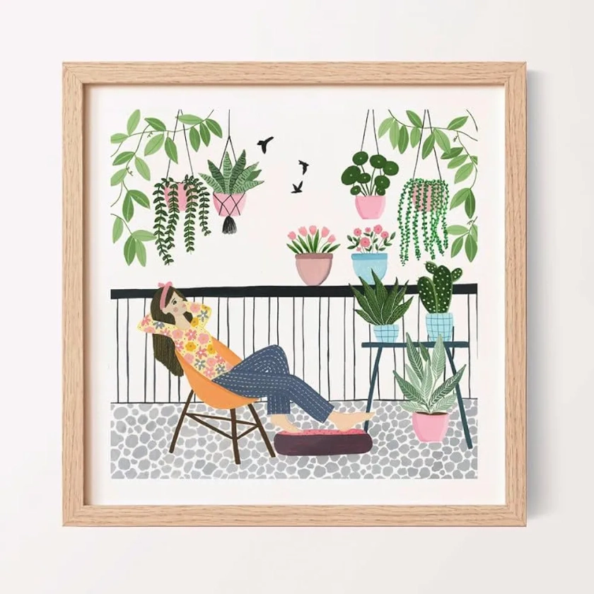 The Spring Palette | An Evening On The Terrace - Modern Wall Painting | Self Love Theme | Modern Art Painting for Living Room Bed Room and Office | 10 x 10 inches, Natural Frame : Amazon.in: Home & Kitchen