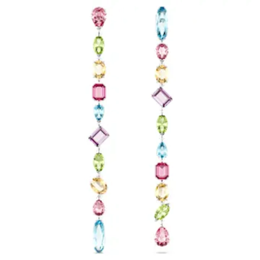 Gema drop earrings, Asymmetrical design, Mixed cuts, Extra long, Multicolored, Rhodium plated by SWAROVSKI