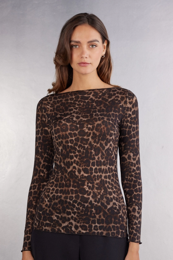 Long-Sleeved Top made from Ultralight Modal and Luxurious Leopard Cashmere - Intimissimi