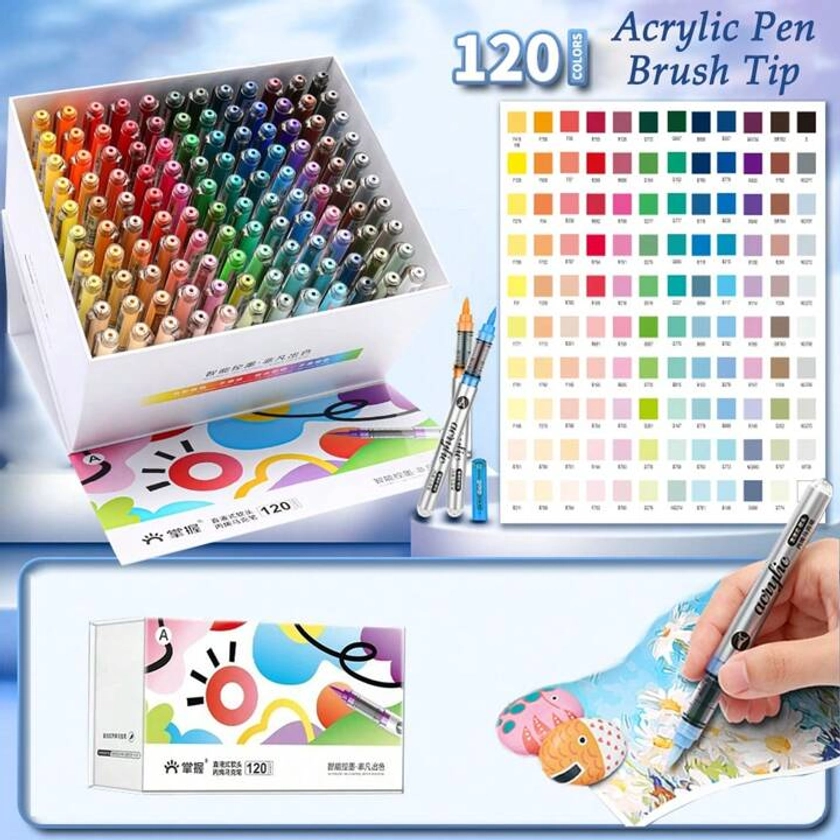 120 couleurs Stylos marqueurs acryliques à pointe souple, marqueurs de peinture acrylique Tooli Art, stylos de peinture acrylique à pointe de pinceau, idéaux pour la canevas, le bois, la pierre et les artisanat DIY