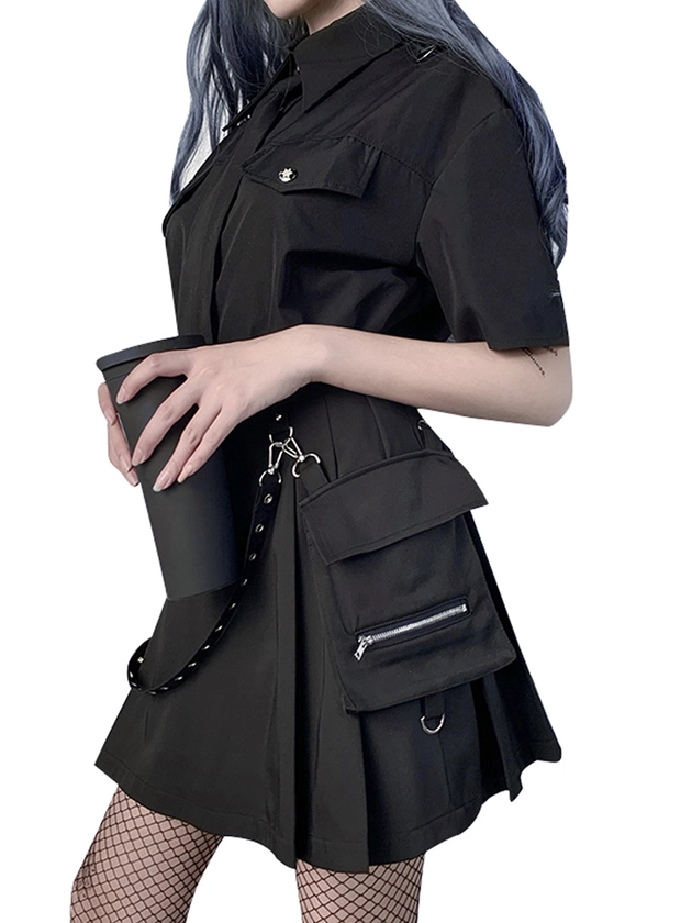 Women Gothic Punk Mini Skirts, Cool Girls High Waist Black Half Dress with Belt Pocket Decoration