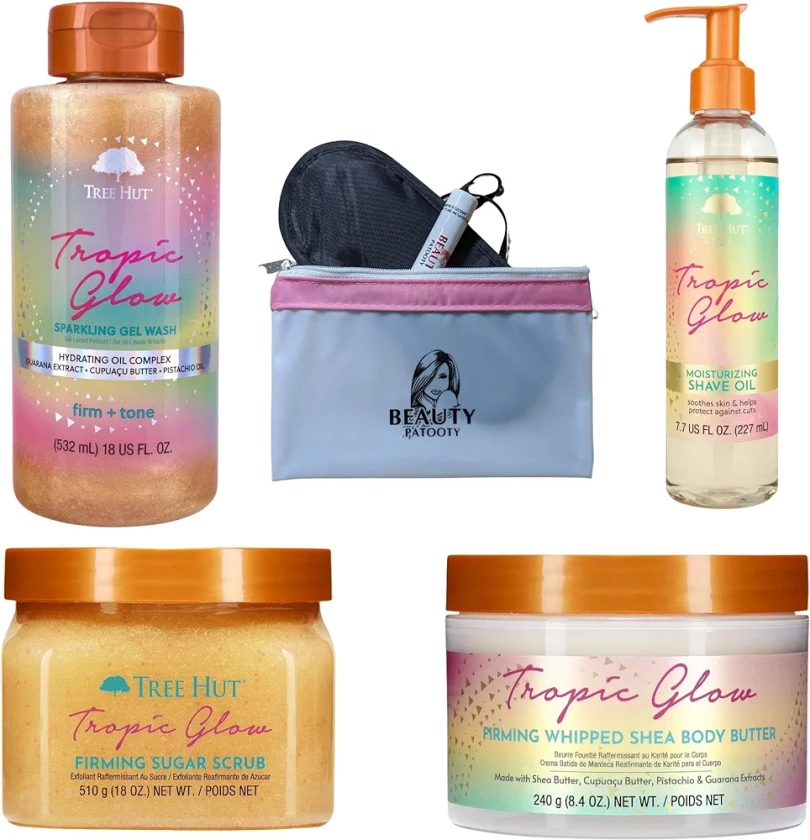 Tropic Glow Gift Set - Body Scrub, Body Wash, Body Butter, Shave Oil - Bundled With Beauty Patooty Self-Care Kit (Makeup Bag, Lip Balm, Satin Eye Mask)