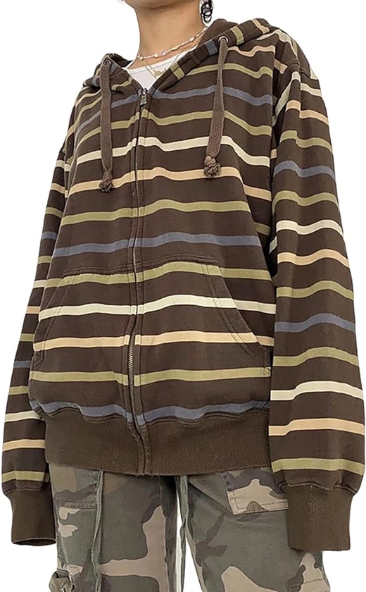 Women's Y2K Long Sleeve Striped Hoodie Oversized Zip Up Drawstring Color Block Sweatshirt Casual Jacket Streetwear