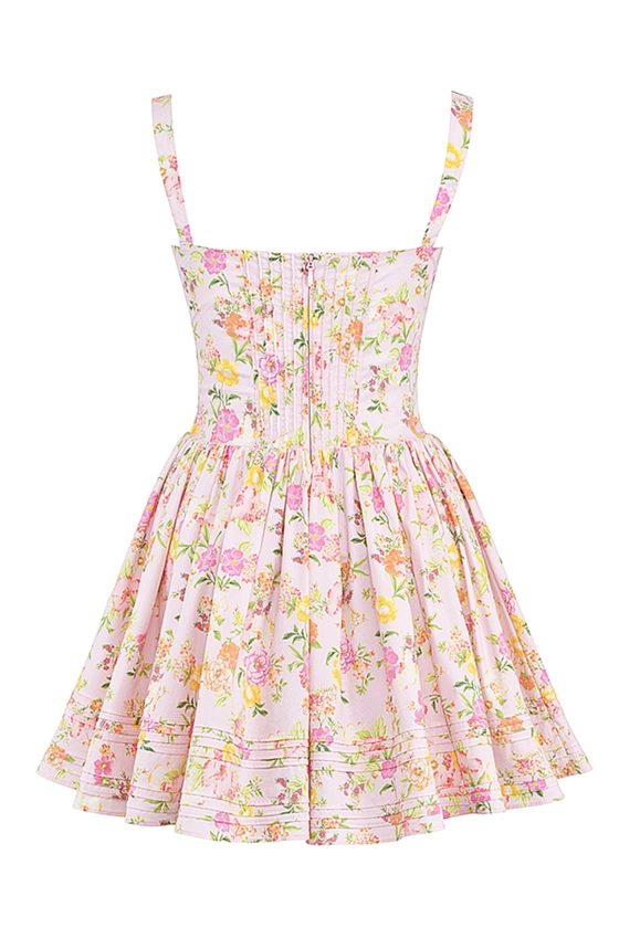 Clothing : Mini Dresses : 'Natassia' Pink Meadow Print Cotton Mini Dress