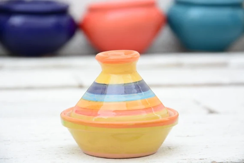 Terracotta Clay Ceramic Moroccan Style Tagine, Handpainted Lead Free Minimalist Rainbow Tagine, Multicolor Spice Holder, Holiday Gift