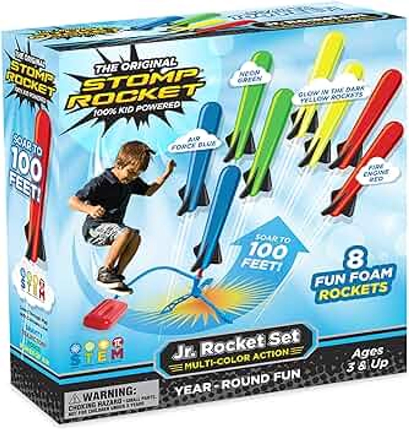 Stomp Rocket Jr Multi-Color Rocket Launcher for Kids, 8 Rockets - Fun Outdoor Kids Gifts for Boys & Girls - STEM Toy Foam Blaster Set Soars Up to 100 Feet - Ages 3 & Up