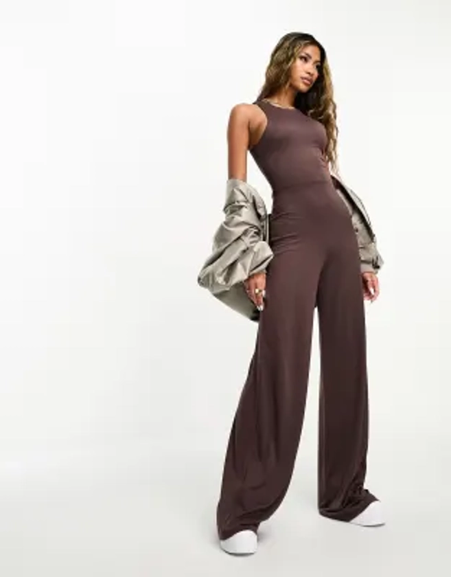 ASOS DESIGN soft touch racer neck jumpsuit with wide leg in chocolate | ASOS