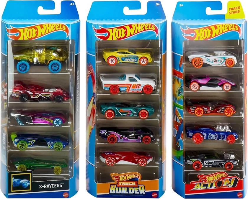 Hot Wheels Triple Coffret 5 Véhicules Spécial Piste, Total 15 Véhicules À L’Échelle 1/64, À Collectionner, Jouet Enfant, Dès 4 Ans, HNM04