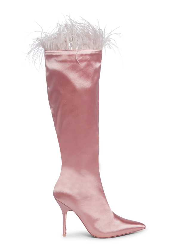 Public Desire Faux Feather Satin Stiletto Boots - Pink