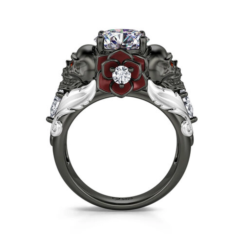 Jeulia "Romantic Death" Skull Design Round Cut Rose Sterling Silver Ring - Jeulia UK