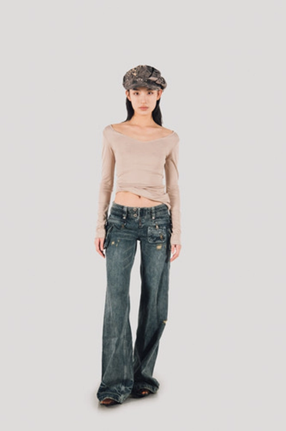 Multi-pocket Low-rise Flared Pants | Byunli