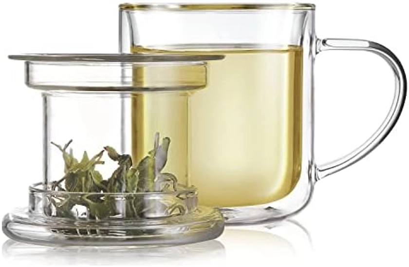 Teabloom Heatproof and Insulated Glass Tea Cup with Glass Infuser for Loose Tea - Wellbeing Infusion Mug with Dual-Purpose Lid (8 OZ)