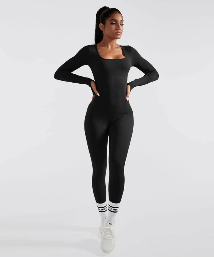 MOOSLOVER Solid Color Ribbed Long Sleeve Seamless Jumpsuit