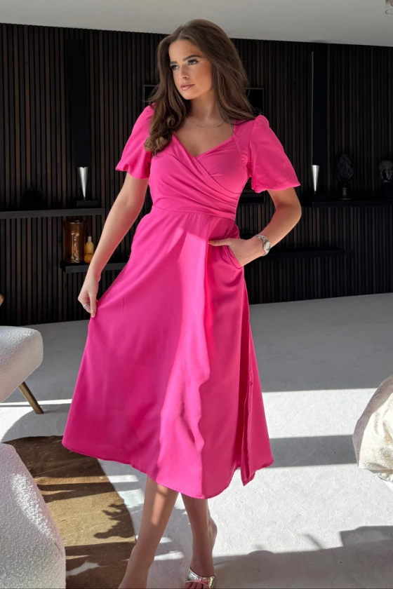Tamsin Pink Wrap Detail Midi Dress