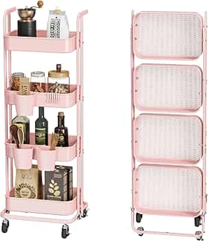 DTK 4 Tier Foldable Rolling Cart, Metal Utility Cart with Lockable Wheels, Folding Storage Trolley for Living Room, Kitchen, Bathroom, Bedroom and Office, Pink