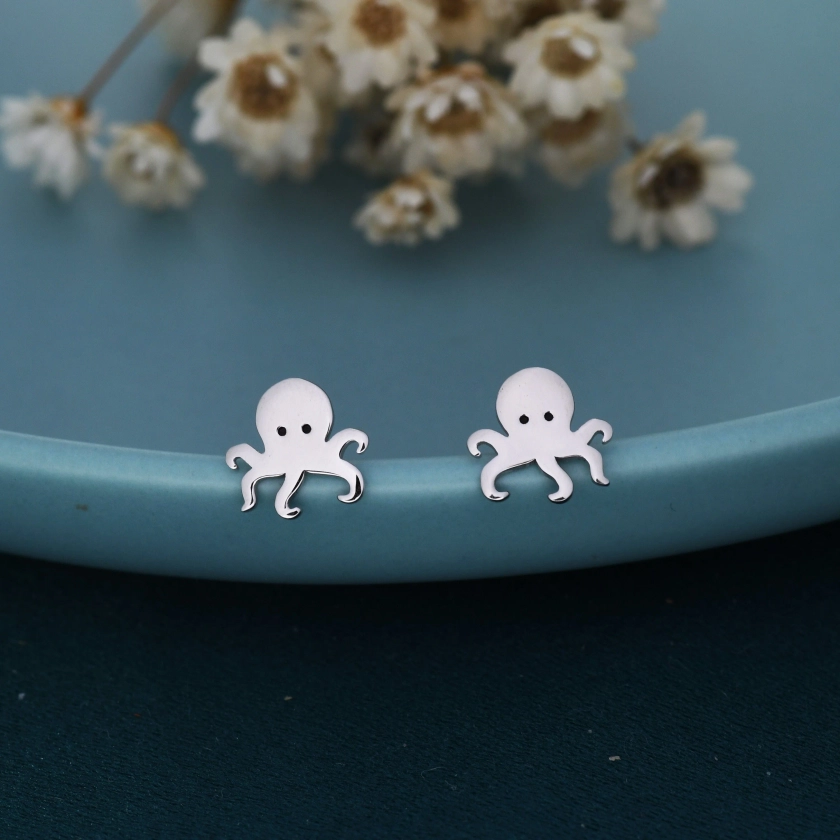 Tiny Octopus Stud Earrings in Sterling Silver - Animal Stud Earrings -