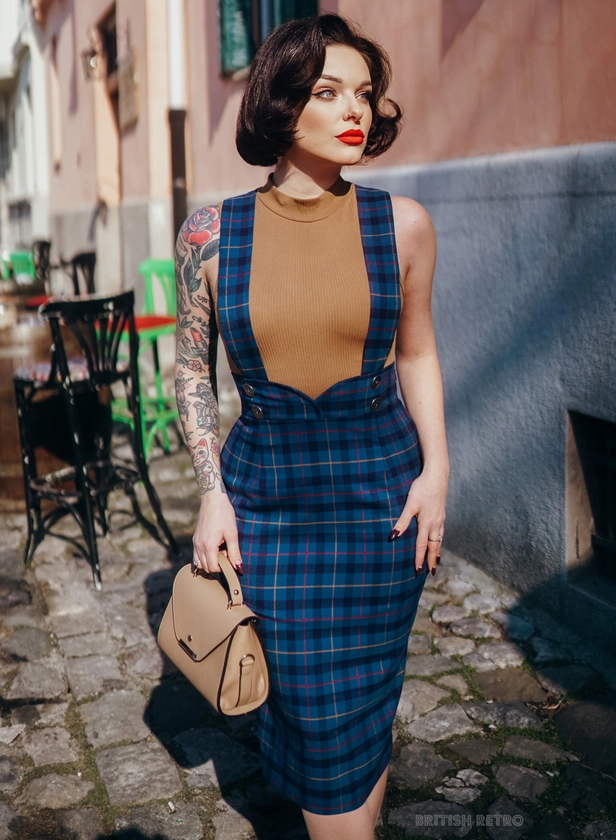 'Dixie Doll' Blue Tartan 50s Style Pencil Skirt. Last Chance!