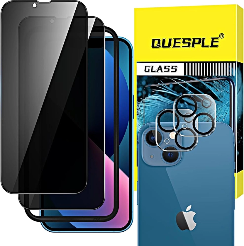 QUESPLE [2+2 Pièces] Verre Trempé Anti Espion pour iPhone 13 6,1 Pouces avec Protection d'Objectif de Caméra, Film de Confidentialité Protection en Écran, Équipé d'un Outil d'Alignement Simple