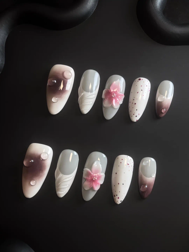 Custom Press on Nails/floral Design Gradient Pink Base Almond Nail Short/reusable Nail/japanese Nail/cute Nail/party Nail Gift for Her - Etsy