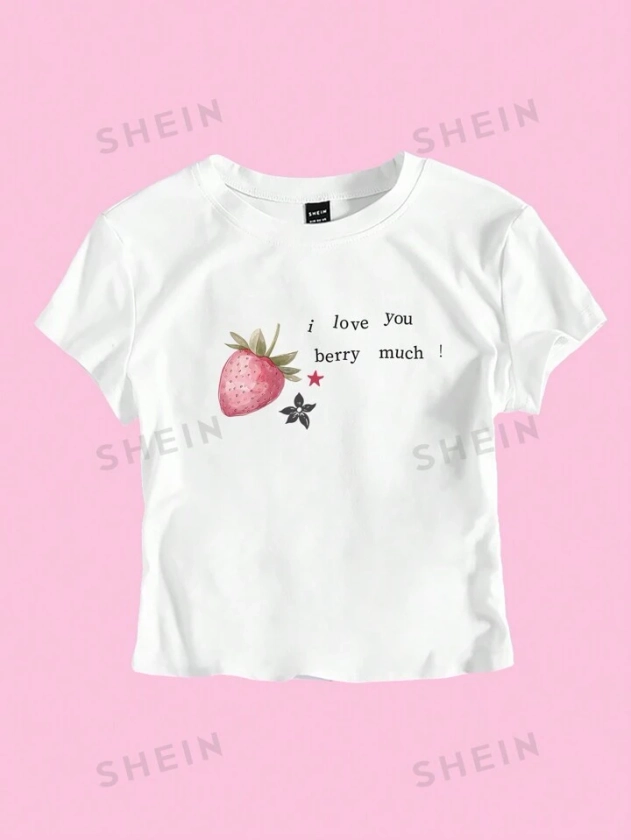 SHEIN EZwear Women Y2K Pink Strawberry Fruit Slogan Cropped T-Shirt Baby Tee For Summer | SHEIN USA