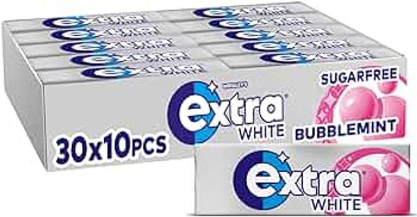 Wrigley's Extra White Bubblemint Sugarfree Chewing Gum, Bubblemint Flavour, Bright Smile, With Xylitol, Helps with Oral Hygiene for Healthy Teeth & Gums, 30 x 10 Packs