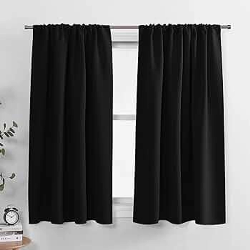 PONY DANCE Bedroom Blackout Curtains - Black Short Shades 45 inch Long,Light Block Thermal Insulated Panels for Kitchen,Rod Pocket Room Darkening Window Treatments, 42" Wide x 45" Long,2 Pieces