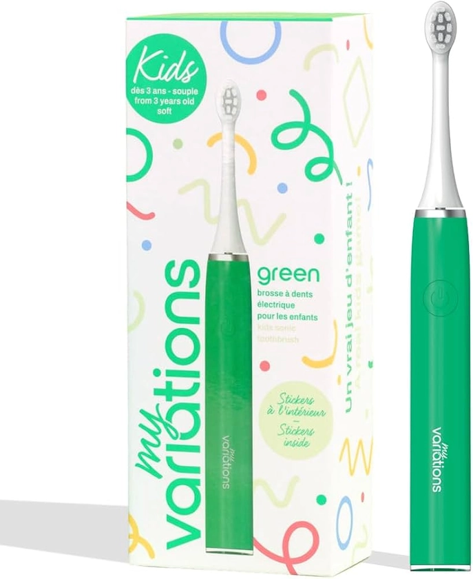 My Variations Kids - Brosse à Dents Électrique Sonique Enfant - Rechargeable - Recommandée Par Les Dentistes - 2 Modes - 27 Stickers - 1 Mois d'Autonomie - Minuteur - Dès 3 Ans (Verte, 3-12 Ans)