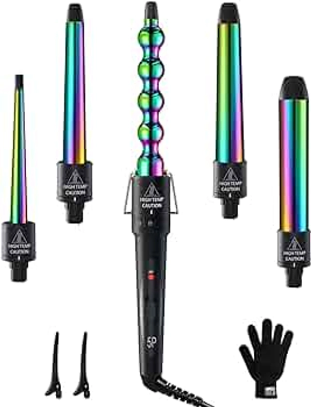 5 in 1 Curling Wand Set: Ohuhu Curling Iron Wand 5Pcs 0.35 to 1.25 Inch Interchangeable Ceramic Barrel Heat Protective Glove 2 Clips Dual Voltage Hair Curler for Girls Women Mother Gift Rainbow