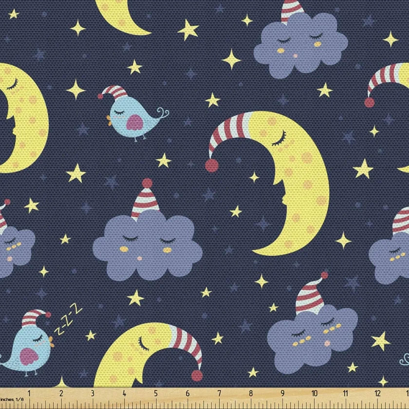 Lunarable Sky Fabric by The Yard, Night Theme with Crescent Moon Sleepy Clouds and Stars Bedtime Bird Characters, Decorative Fabric for Upholstery and Home Accents, 1 Yard, Navy Yellow