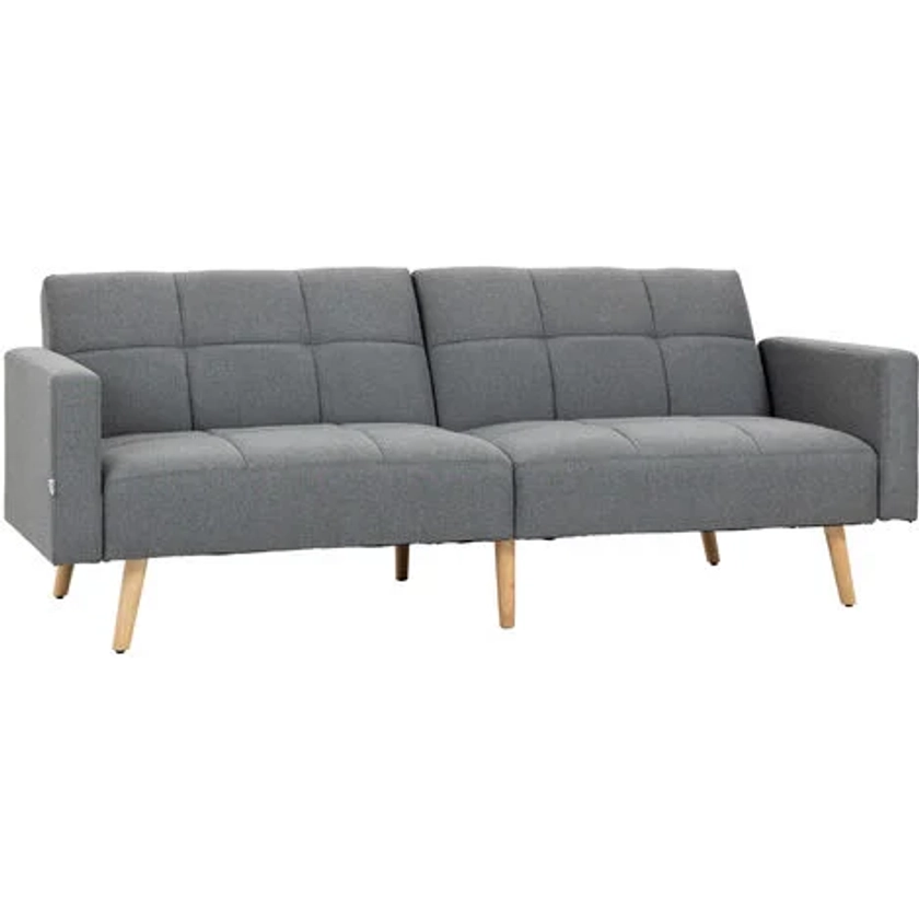 Canapé convertible 2 places design scandinave dossier inclinable 3 positions piètement bois tissu aspect lin gris