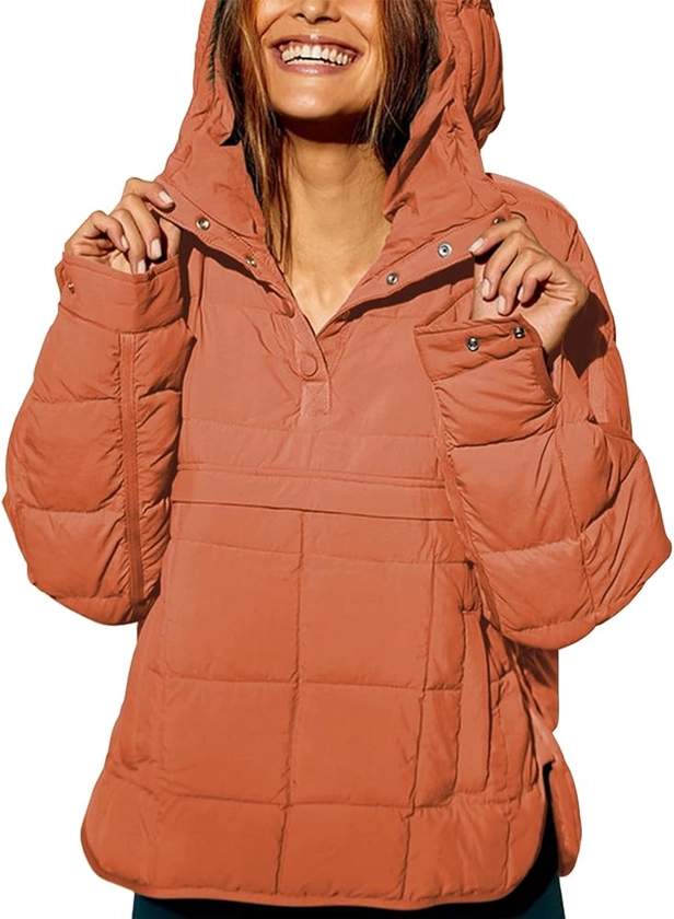 Women's Quilted Pullover Puffer Jacket Long Sleeve Oversized Lightweight Warm Hooded Padded Coats Outwear