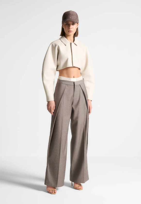 Satin Waistband Pinstripe Trousers - Taupe