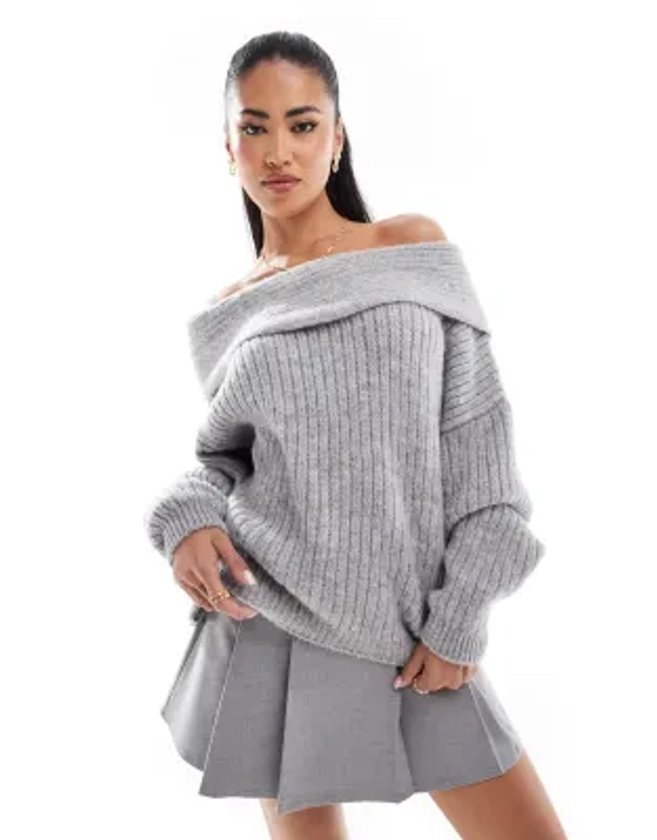 ASOS DESIGN oversized knitted off shoulder jumper in grey | ASOS