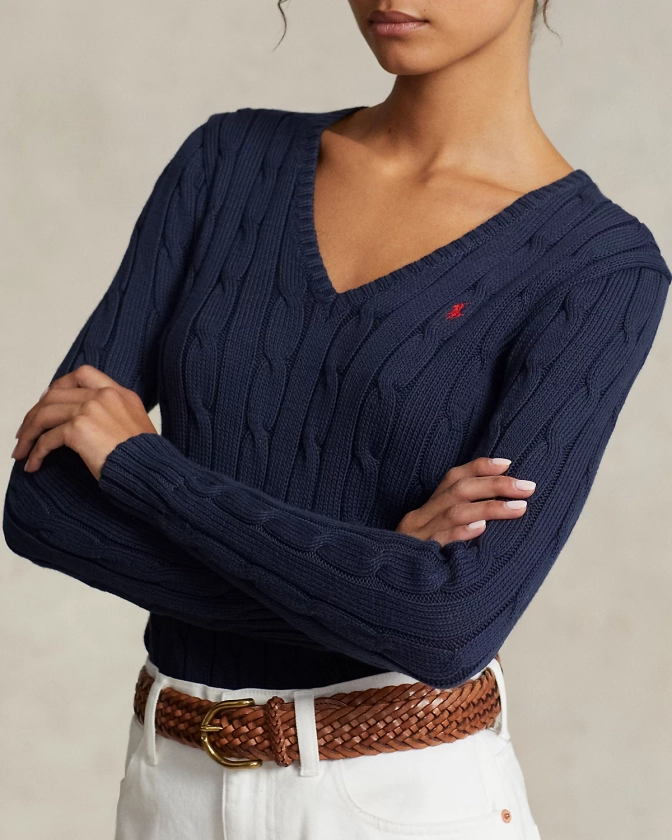 Cable Knit Cotton V Neck Sweater