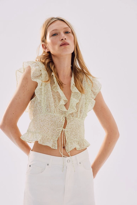 Frill-trimmed blouse - V-neck - Sleeveless - White/Yellow floral - Ladies | H&M GB