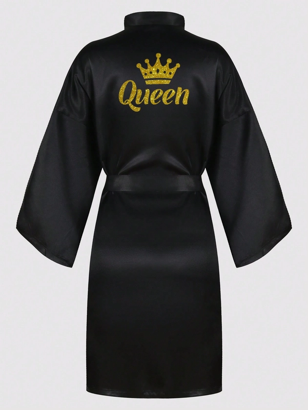 1pc Queen Letter Patterned Golden Color Printing Silk-like Satin Robe For Women