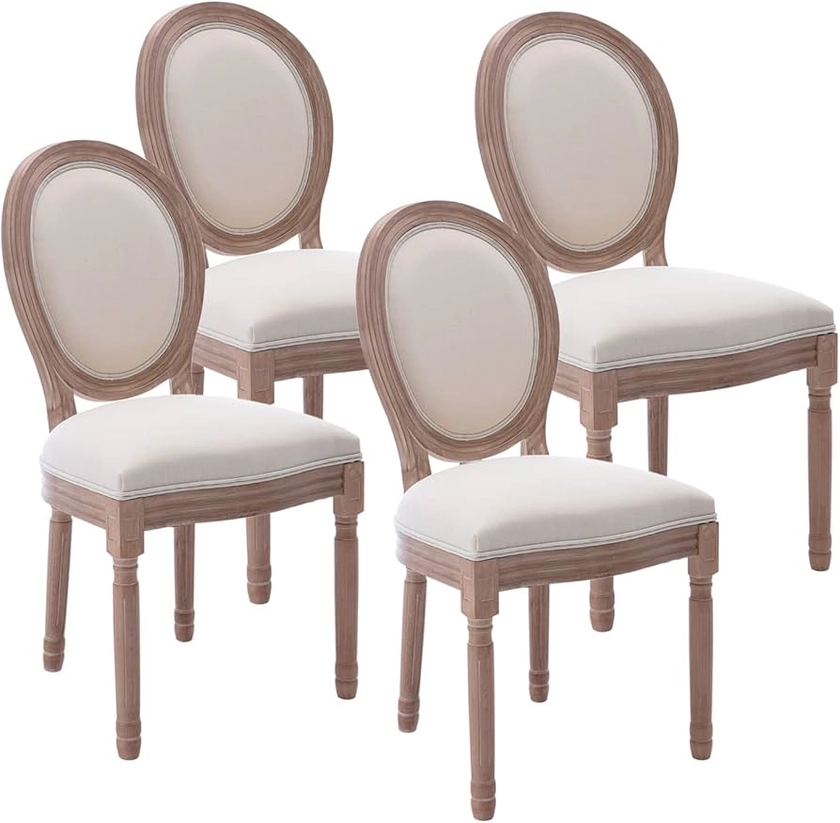 Kiztir French Country Dining Chairs Set of 4, Farmhouse Dining Chairs with Round Backrest, Mid Century Upholstered Dining Chairs with Solid Wood Leg for Dining Room Bedroom Kitchen Restaurant (Beige)