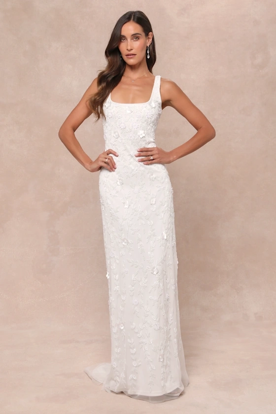 Extraordinary Glamour White 3D Floral Beaded Backless Maxi Dress