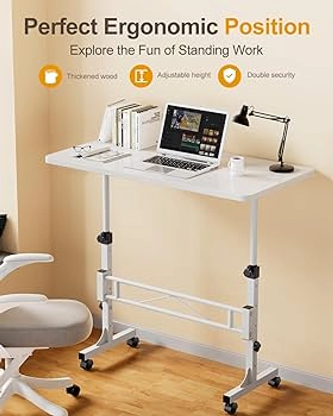 Small Standing Desk Adjustable Height, Mobile Stand Up Desk with Wheels, 32 Inch Portable Rolling Desk Small Computer Desk, Portable Laptop Desk Standing Table Sit Stand White