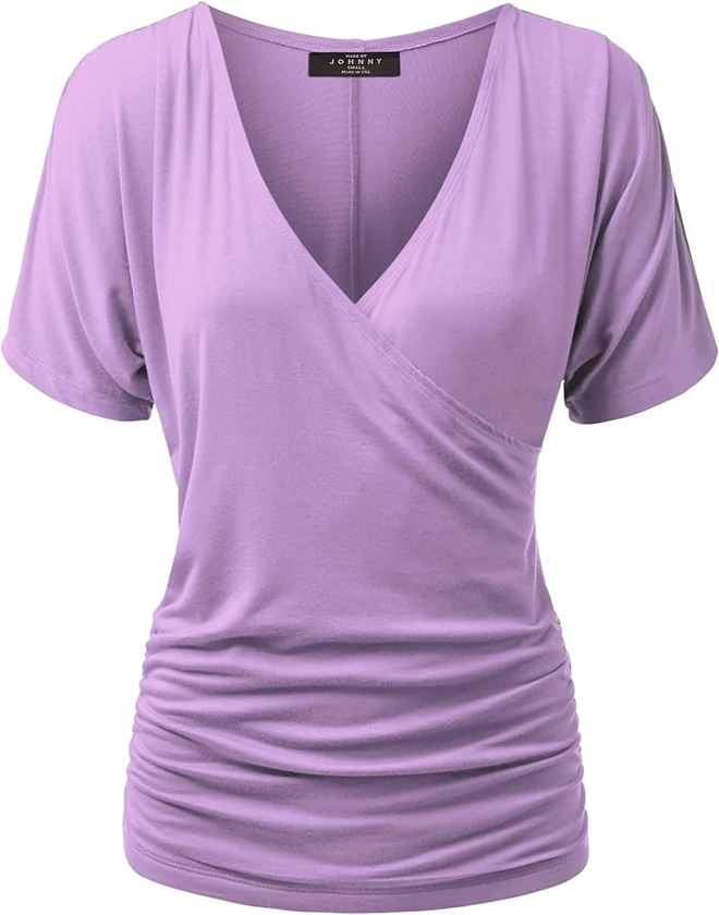 MBJ WT1118 Womens V Neck Short Sleeve Wrap Front Drape Dolman Top L Lilac at Amazon Women’s Clothing store
