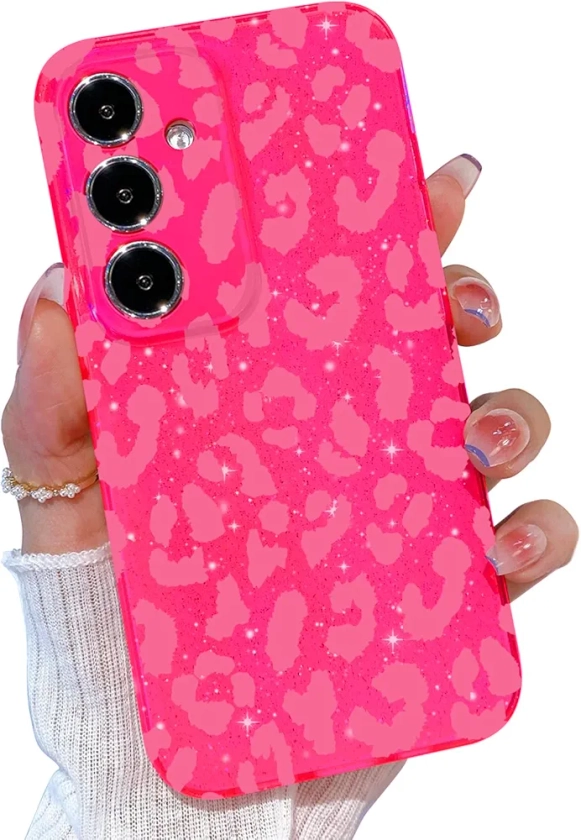 for Galaxy A15 5G Phone Case Pink, for Samsung Galaxy A15 5G Case Glitter for Women Girls Girly Cute Leopard Cheetah Printed Soft Phone Case Cover for Samsung A15 5G 6.5 inch, Hot Pink Leopard