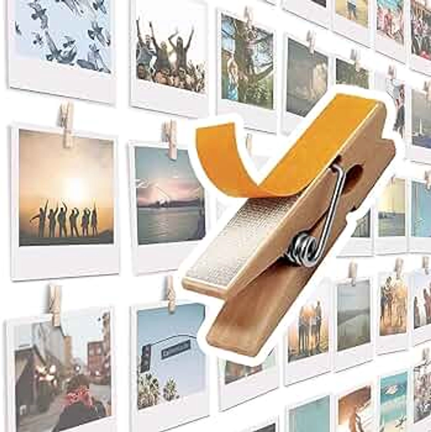 20 Pack Mini Self Adhesive Clips for Pictures - Beige Wood Clip Photo Holders for Wall, Poster Hanger, Photo Cards Hanging Display Board & Picture Boards, Artwork Photos Holders Hangers Room Decor