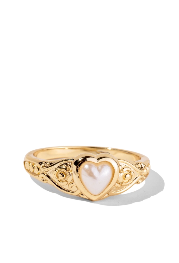 Chunky Gold Ring Featuring a Pearl Heart Crystal | Sweetheart by Oomiay