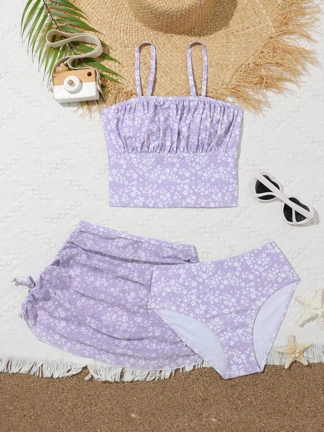 Tween Girl Ditsy Floral Print Bikini Swimsuit With Beach Skirt